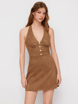 Cider - Suede Women's Halter V-Neck Metal Button Mini Dress Brown