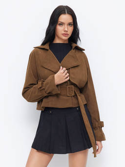 Cider - Corduroy Women's Belted Button Cropped Jacket Brown