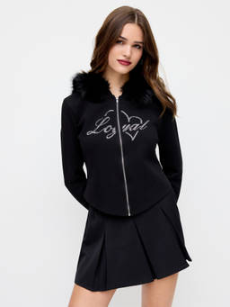 Cider - Rhinestone Faux Fur Trim Women's Hooded Jacket Black