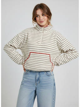 Cider - Fleece Women's Oversized Striped Zip-Up Sweatshirt Grey