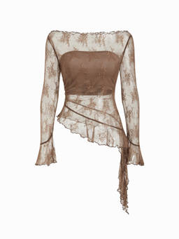 Cider - Lace Women's Off-Shoulder Sheer Lettuce Trim Crop Top Brown