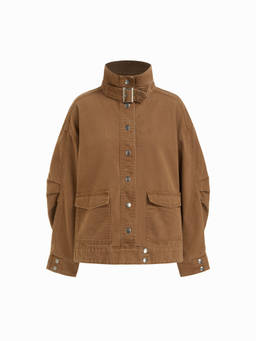 Cider - Two Way Women's Funnel Neck Belted Oversized Denim Jacket Khaki