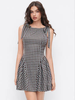 Cider - Jacquard Checks Women's Bowknot Ruffle Hem Mini Dress Blue