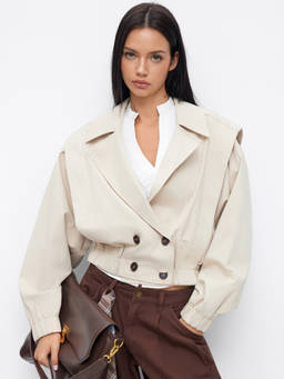 Cider - Notched Collar Women's Double Breasted Cropped Jacket Beige