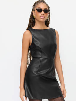 Cider - Faux Leather Women's Boat Neck Sleeveless Shift Mini Dress Black