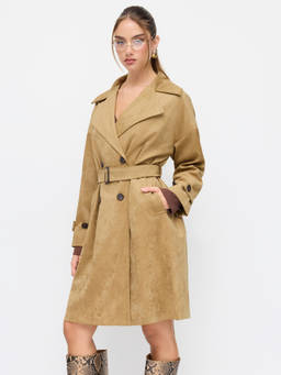Cider - Suede Women's Double-Breasted Notched Lapel Trench Coat Khaki