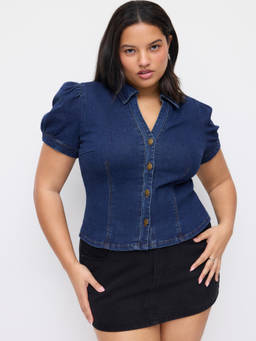 Cider - Stretch Denim Women's V-Neck Collar Short Sleeve Blouse Navy Blue