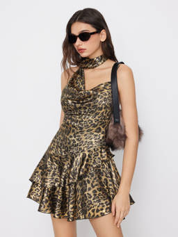 Cider - Leopard Print Women's Ruched Layered Mini Dress Gold
