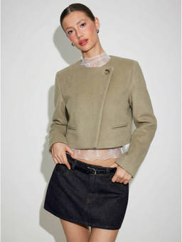 Cider - Wool-Look Women Asymmetrical Button Round Neck Jacket Olive