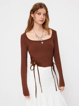 Cider - Lace Up Women’s Square Neck Full Sleeve Crop Top Brown