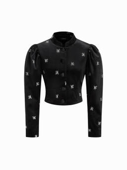 Cider - Velvet Women's Floral Embroidered High Neck Button-Up Jacket Black
