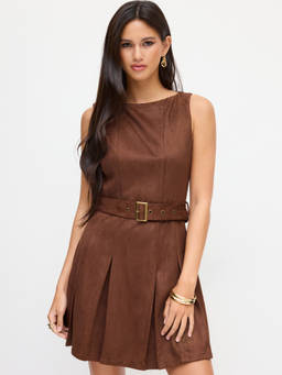 Cider - Suede Women's Boat Neck Pleated Mini Dress Brown
