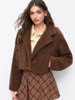Cider - Fleece Collar Women's Pocket Cropped Jacket Brown