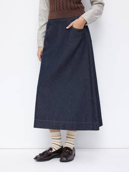 Cider - Denim Women's Mid Rise A-Line Maxi Skirt Dark Navy
