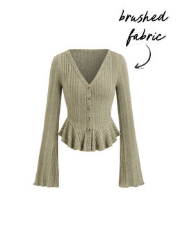 Cider - Brushed Fabric Women V-Neck Bell Sleeve Ruffle Hem Top Green