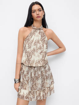 Cider - Tie Dye Women's Ruffled Halter Neck Mini Dress Brown