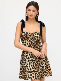 Cider - Leopard Print Women's Sweetheart Tie-Up Strap Mini Dress Brown