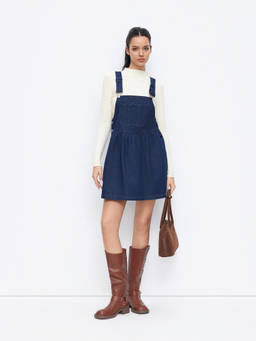 Cider - Denim Women's Oversized Solid Pinafore A-Line Mini Dress Indigo