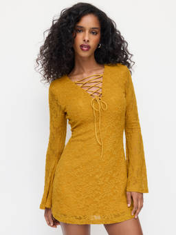 Cider - Floral Jacquard Women's Lace-Up Tie Front Mini Dress Gold