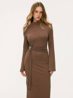 Cider - Textured Women's Stand Collar Bell Sleeve Maxi Dress Brown