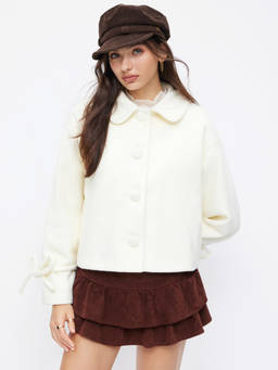 Cider - Wool-look Women Bowknot Peter Pan Collar Jacket Cream