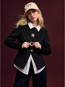 Cider - Wool-Look Women Metal Button Split Hem Jacket Black