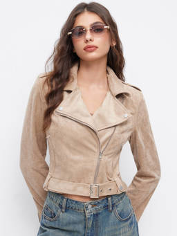 Cider - Suede Women Asymmetrical Belted Biker Jacket Tan