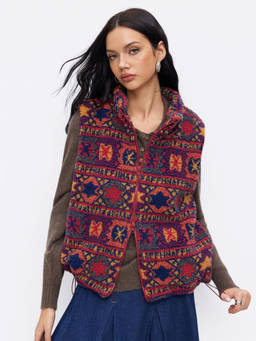 Cider - Fleece Collar Women’s Geometric Zip-Through Jacket Vest Multi-Color