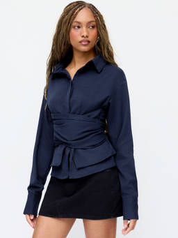Cider - Wrap Ruched Women's Bow Tie-Up Collar Neck Blouse Navy Blue