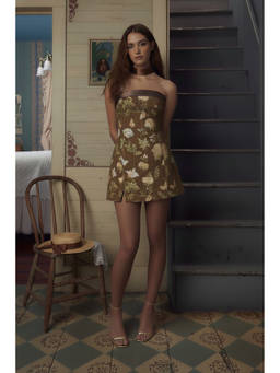 Cider - Jacquard Floral Women's Bandeau A-Line Mini Dress Brown