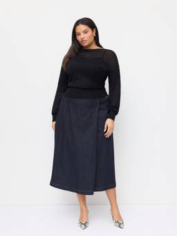 Cider - Stretch Denim Women's Mid-Rise A-Line Belted Maxi Skirt Navy Blue