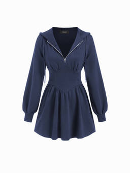 Cider - Cotton Blend Women's Hooded Ruched Lantern Sleeve Mini Dress Navy Blue