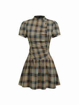 Cider - Plaid Women's Puff Sleeve Stand Collar Mini Dress Blue