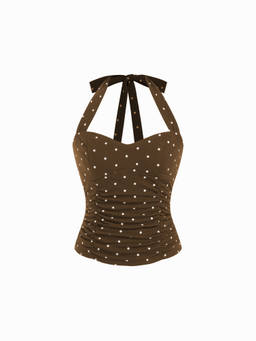 Cider - Polka Dot Women's Ruched Halter Neck Tank Top Brown