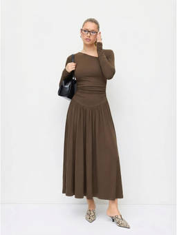 Cider - Women's Asymmetrical Neck Ruched Maxi Dress Brown