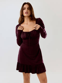 Cider - Square Neck Women's Puff Sleeve Ruched Ruffle Hem Mini Dress Burgundy