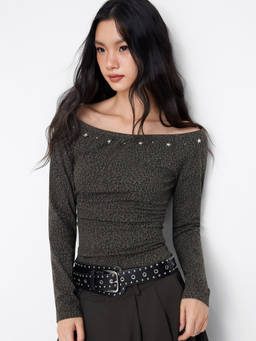 Cider - Cotton Blend Women Leopard Off-Shoulder Ruched Top Charcoal