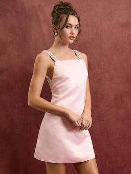 Cider - Satin Women's Square Neck Backless Rhinestone Strap Mini Dress Pink