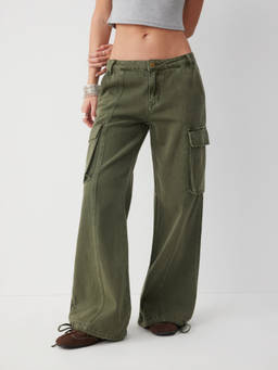 Cider - Denim Women's Low Rise Drawstring Wide Leg Cargo Jeans Olive