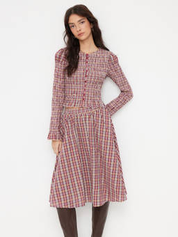Cider - Cotton Blend Women's Shirred Checks Skirt Set Red