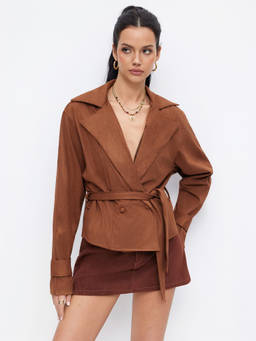 Cider - Suede Collar Women’s Double Breasted Belted Jacket Brown