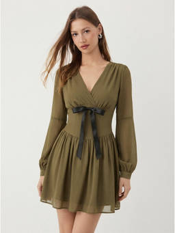 Cider - Chiffon Women's V-Neck Puff Sleeve Bow Flared Mini Dress Brown
