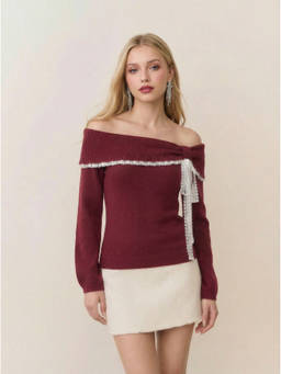 Cider - Knit Wool-blend Women Off-Shoulder Lace Trim Long Sleeve Top Burgundy