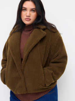 Cider - Fleece Collar Women's Oversized Pocket Jacket Brown