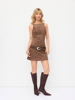 Cider - Suede Women's Boat Neck Belted A-Line Mini Dress Brown