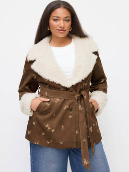 Cider - Corduroy Women's Faux Fur Trim Floral Belted Jacket Brown