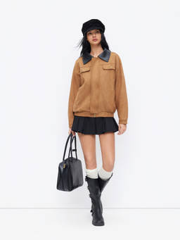 Cider - Suede Women's Zip-Through Two-Tone Oversized Jacket Tan