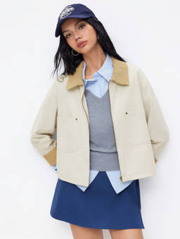 Cider - Cotton Blend Women Two-Tone Zip-Through Collar Jacket Khaki