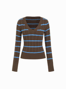 Cider - Cable Knit Women's Striped V-Neck Pullover Sweater Brown