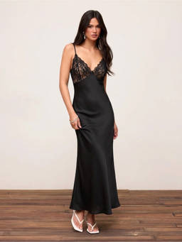 Cider - Satin Women's V-Neck Lace Panel Mermaid Maxi Dress Black